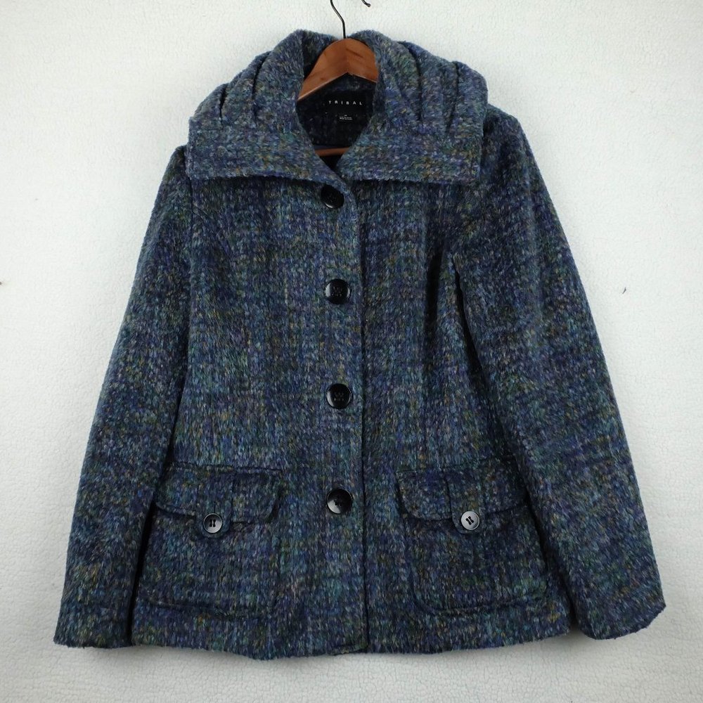 Tribal Pea Coat Womens 12 Blue Green Button Up Heavyweight Wool Outdoor Classic